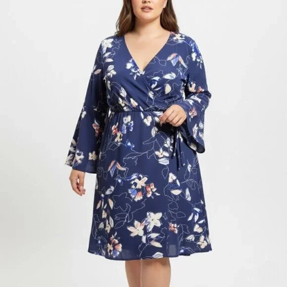 Westport Floral Chiffon Long Sleeve Wrap Dress Size 16 Blue Lightweight Elegant - Picture 3 of 7
